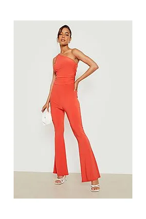 Boohoo Slinky One Shoulder Ruched Flare Leg Jumpsuit