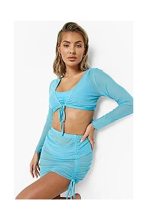Boohoo Neon Mesh Ruched Skirt & Tie Top Beach Co-ord