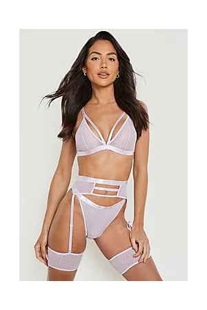 Boohoo Mesh Strapping Bralet Thong and Suspender Set