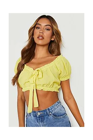 Boohoo Crinkle Linen Look Tie Front Off The Shoulder