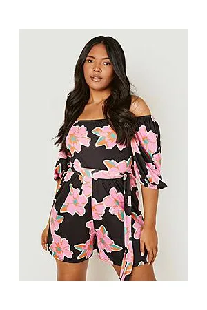 Boohoo Plus Floral Print Puff Sleeve Playsuit