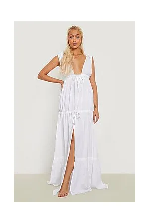 Boohoo Linen Tie Plunge Maxi Beach Dress