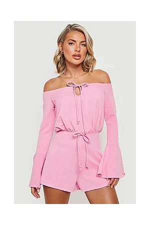 Boohoo Crinkle Bardot Flare Sleeve Playsuit