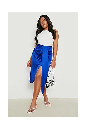 Boohoo Plus Satin Ruched Drape Midi Skirt