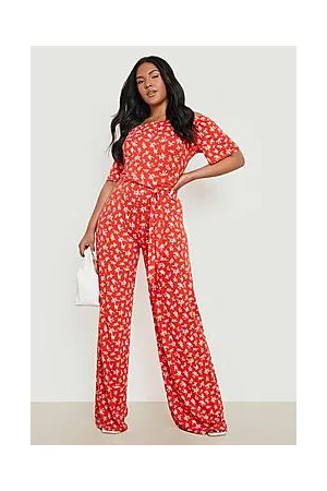 Boohoo Plus Bardot Floral Print Belted Jumpsuit