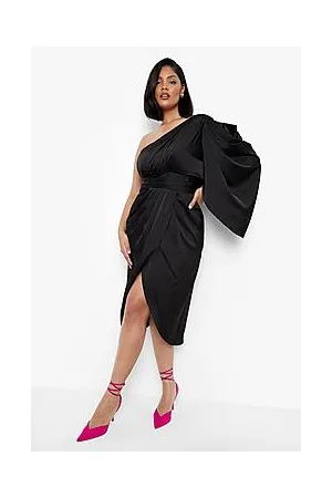 Boohoo Plus Satin One Shoulder Drape Wrap Dress