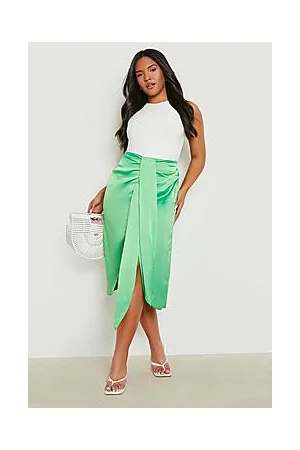 Boohoo Plus Satin Ruched Drape Midi Skirt