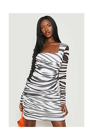 Boohoo Zebra Mesh Square Neck Ruched Mini Dress