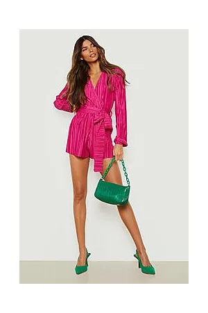 Boohoo Plisse Belted Wrap Playsuit