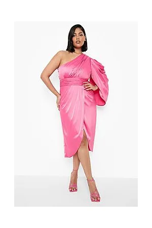 Boohoo Plus Satin One Shoulder Drape Wrap Dress