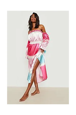 Boohoo Printed Satin Bardot Shirred Midi Beach Dress