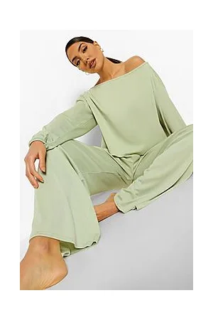 Boohoo Rib Slash Neck Loungewear Set