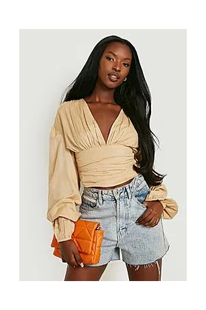 Boohoo Linen Ruched Waist Volume Sleeve Crop Top