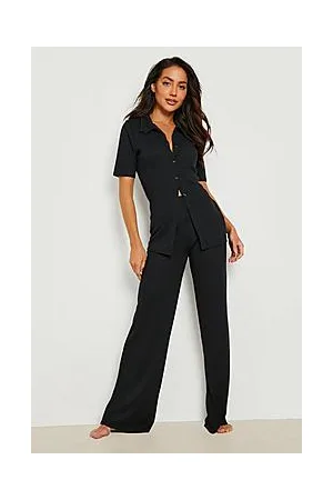 Boohoo Rib Collar Button Up Lounge Set