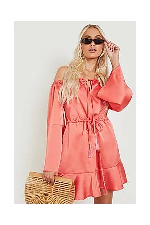 Boohoo Matte Satin Bardot Tassel Beach Dress