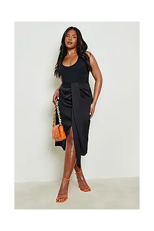 Boohoo Plus Satin Ruched Drape Midi Skirt