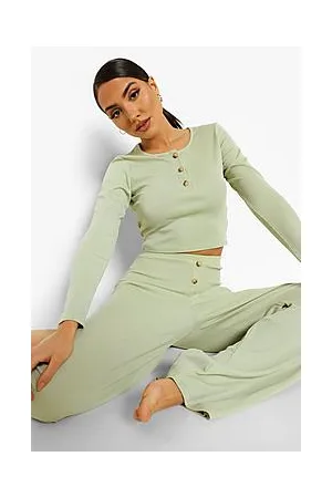 Boohoo Rib Button Front Wide Leg Loungewear Set