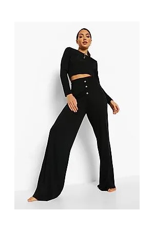 Boohoo Rib Button Front Wide Leg Loungewear Set