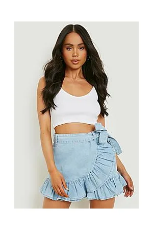 Boohoo Petite Tie Waist Frill Detail Denim Short
