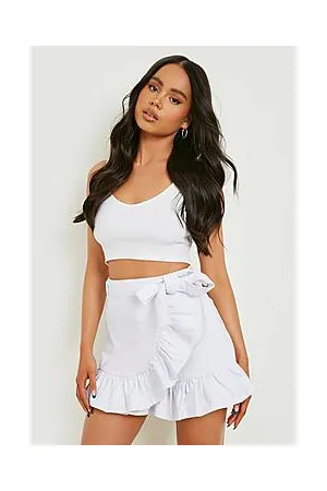 Boohoo Petite Tie Waist Frill Detail Denim Short