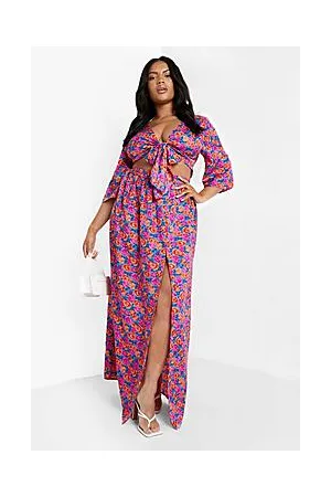 Boohoo Plus Knot Front Floral Mix Maxi Skirt Co-ord