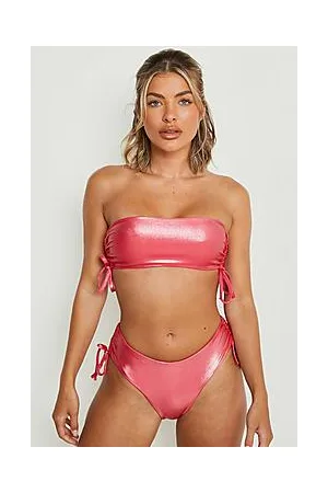 Boohoo Shimmer Ruched Bandeau High Waist Bikini Set