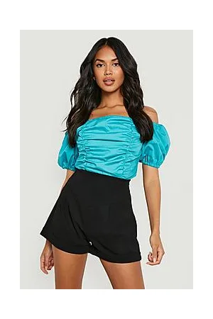 Boohoo Bardot Puff Sleeve Ruched Bodysuit