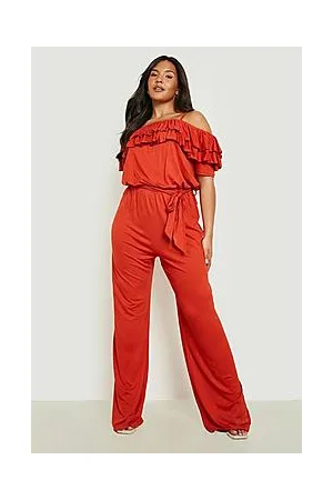 Boohoo Plus Ruffle Bardot Wide Leg Jumpsuit