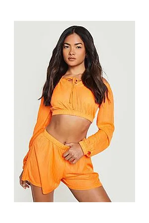 Boohoo Textured Stripe Bardot Tie Beach Top