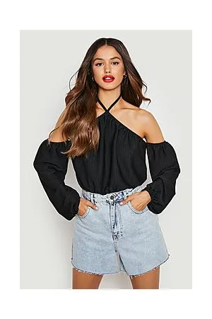 Boohoo Halter Cold Shoulder Crinkle Bodysuit