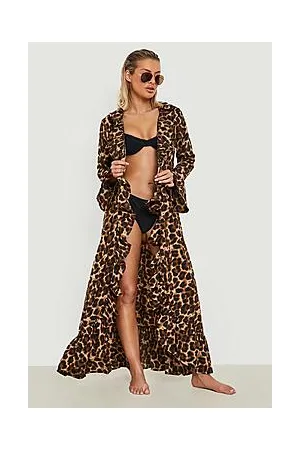 Boohoo Leopard Ruffle Detail Maxi Beach Kimono
