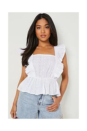 Boohoo Petite Broderie Square Neck Ruffle Crop