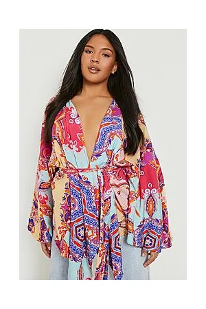Boohoo Plus Woven Paisley Wrap Kimono Sleeve Top