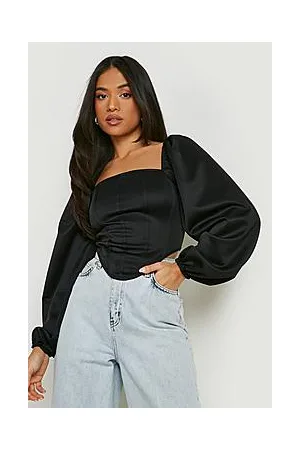 Boohoo Petite Puff Sleeve Dipped Hem Corset Top