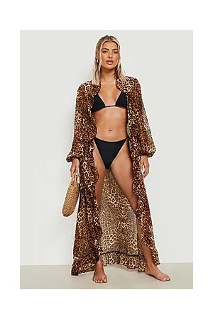 Boohoo Leopard Maxi Ruffle Chiffon Beach Kimono
