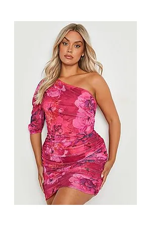 Boohoo Plus Floral Mesh One Shoulder Dress