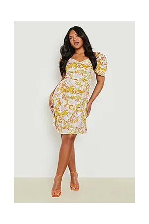 Boohoo Plus Woven Paisley Puff Sleeve Mini Dress