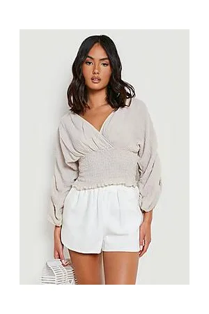 Boohoo Crinkle Batwing Shirred Waist Crop