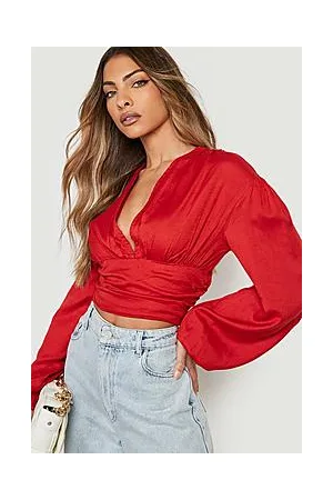 Boohoo Linen Ruched Waist Volume Sleeve Crop Top