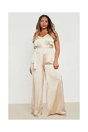 Boohoo Plus Satin Belted Wide Leg Jumpsuit