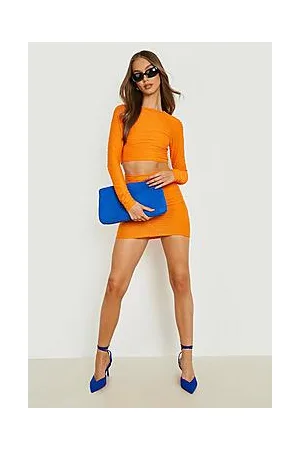 Boohoo Pleated Jersey Long Sleeve Crop & Mini Skirt