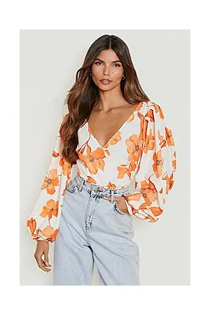 Boohoo Large Floral Wrap Balloon Sleeve Bodysuit