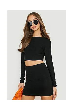 Boohoo Pleated Jersey Long Sleeve Crop & Mini Skirt