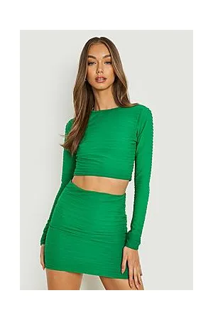 Boohoo Pleated Jersey Long Sleeve Crop & Mini Skirt