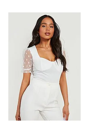 Boohoo Petite Dobby Mesh Sweetheart Neck Bodysuit
