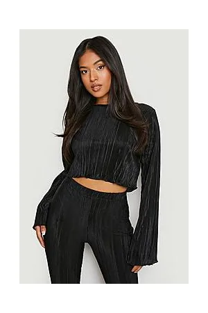 Boohoo Petite Plisse Long Sleeve Crop Top