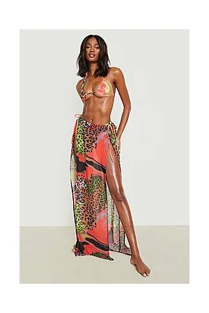 Boohoo Neon Tie Dye Animal Chiffon Split Beach Skirt