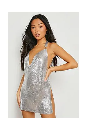 Boohoo Petite Chainmail Halter Cowl Front Mini Dress