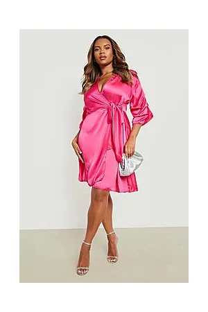 Boohoo Plus Satin Ruched Sleeve Wrap Dress