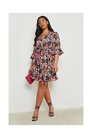 Boohoo Plus Floral Wrap Belted Dress